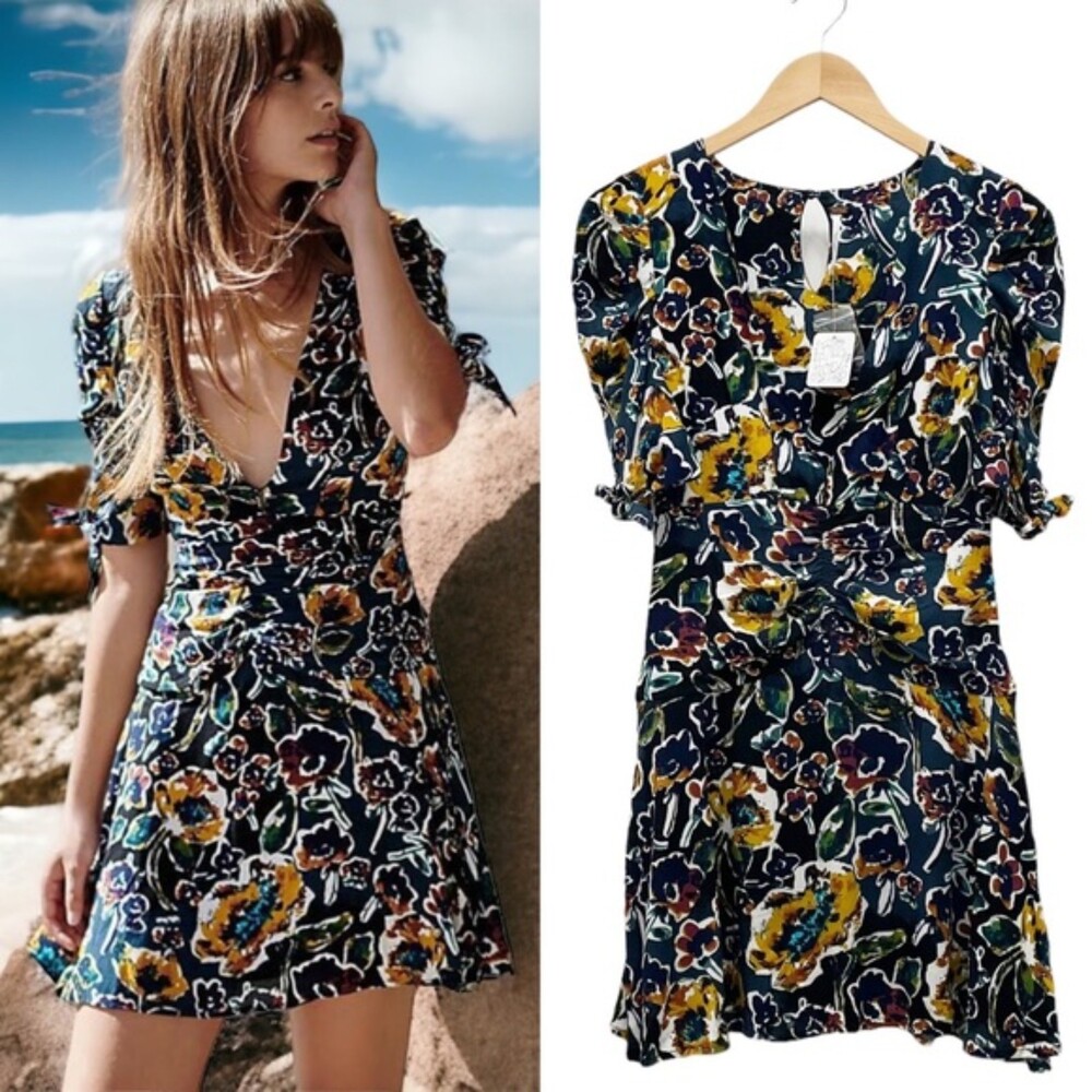 NWT Free People Glow Up Short Sleeve Mini Dress Navy Combo Floral Women’s Size 0